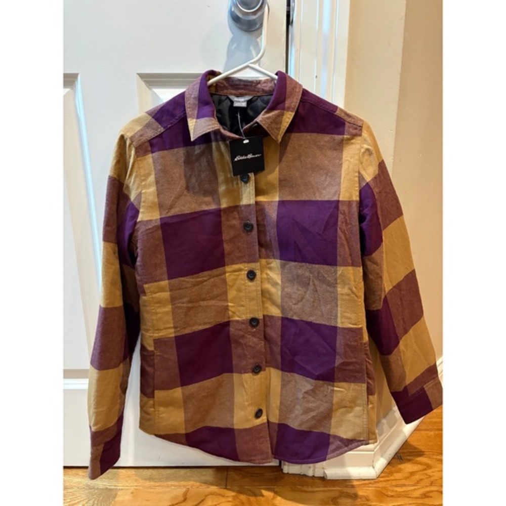 New Eddie Bauer Womens Quilted Flannel Shirt Jacket Purple‎ Tan Plaid XS $90